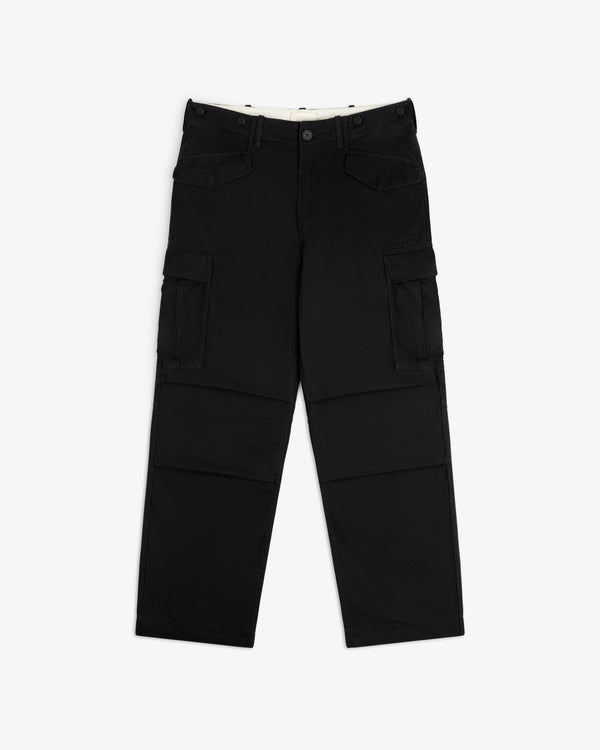 Fatigue Pant: black cargo style, straight leg, side pockets, front button closure, shown on white background.