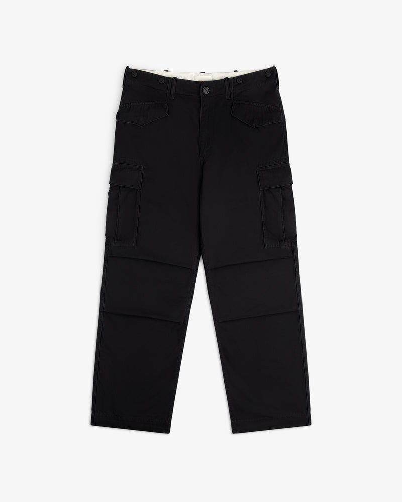 Fatigue Pant: black cargo style, straight leg, side pockets, front button closure, shown on white background.