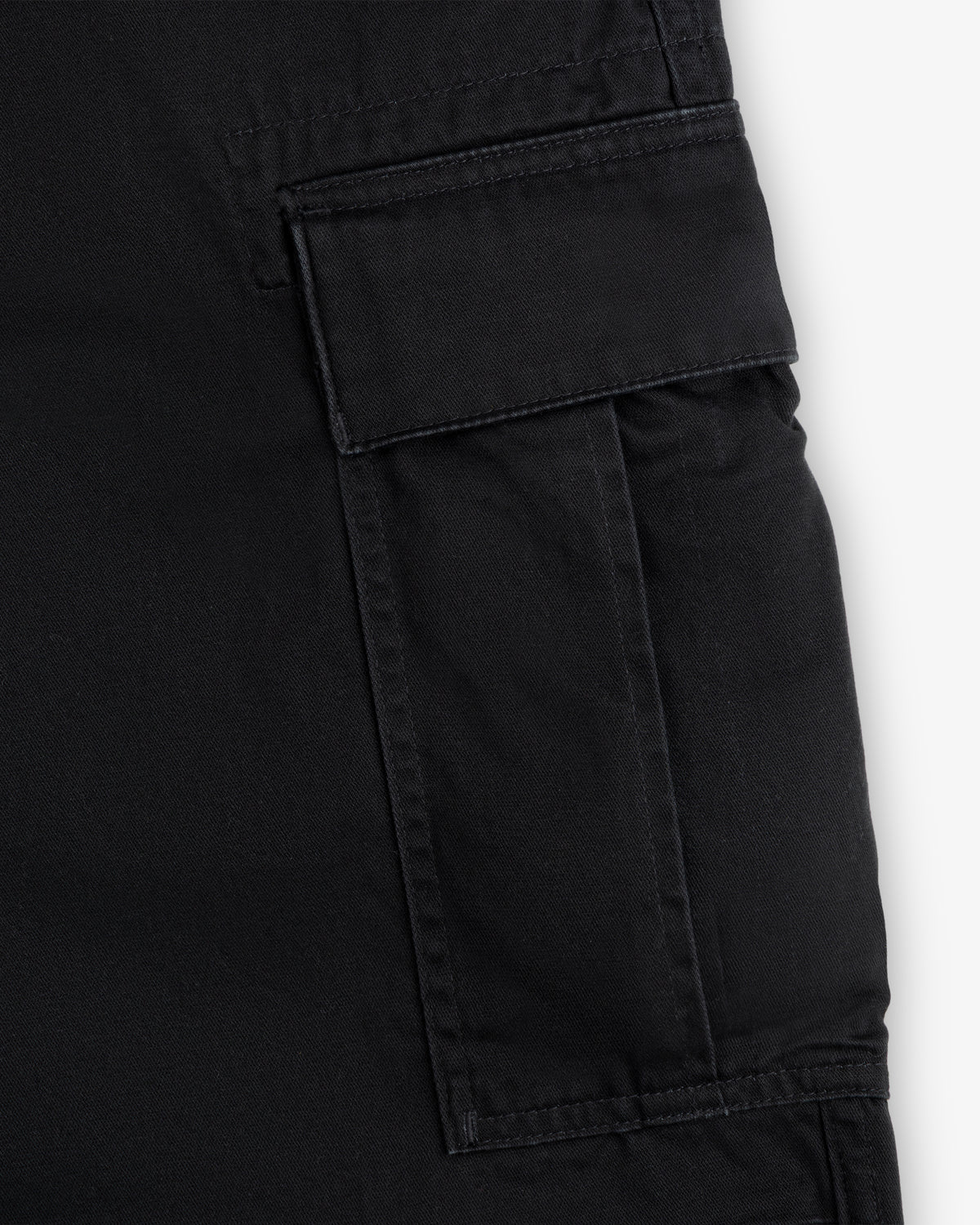 Close-up of the Fatigue Pant’s black cargo pocket, featuring a flap closure and visible stitching details.