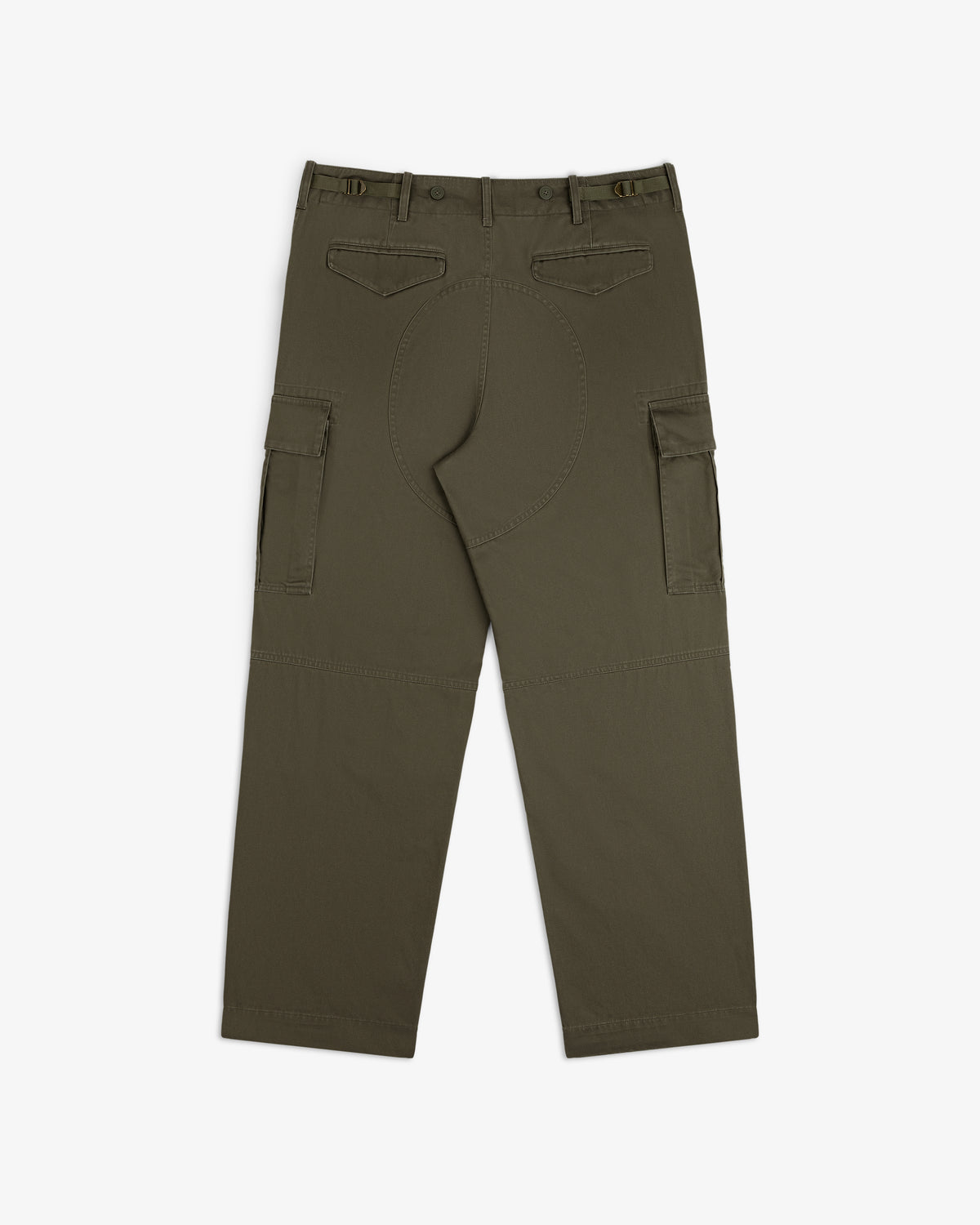 Fatigue Pant in olive green with flap pockets, belt loops, and reinforced seat, shown flat from the back.
