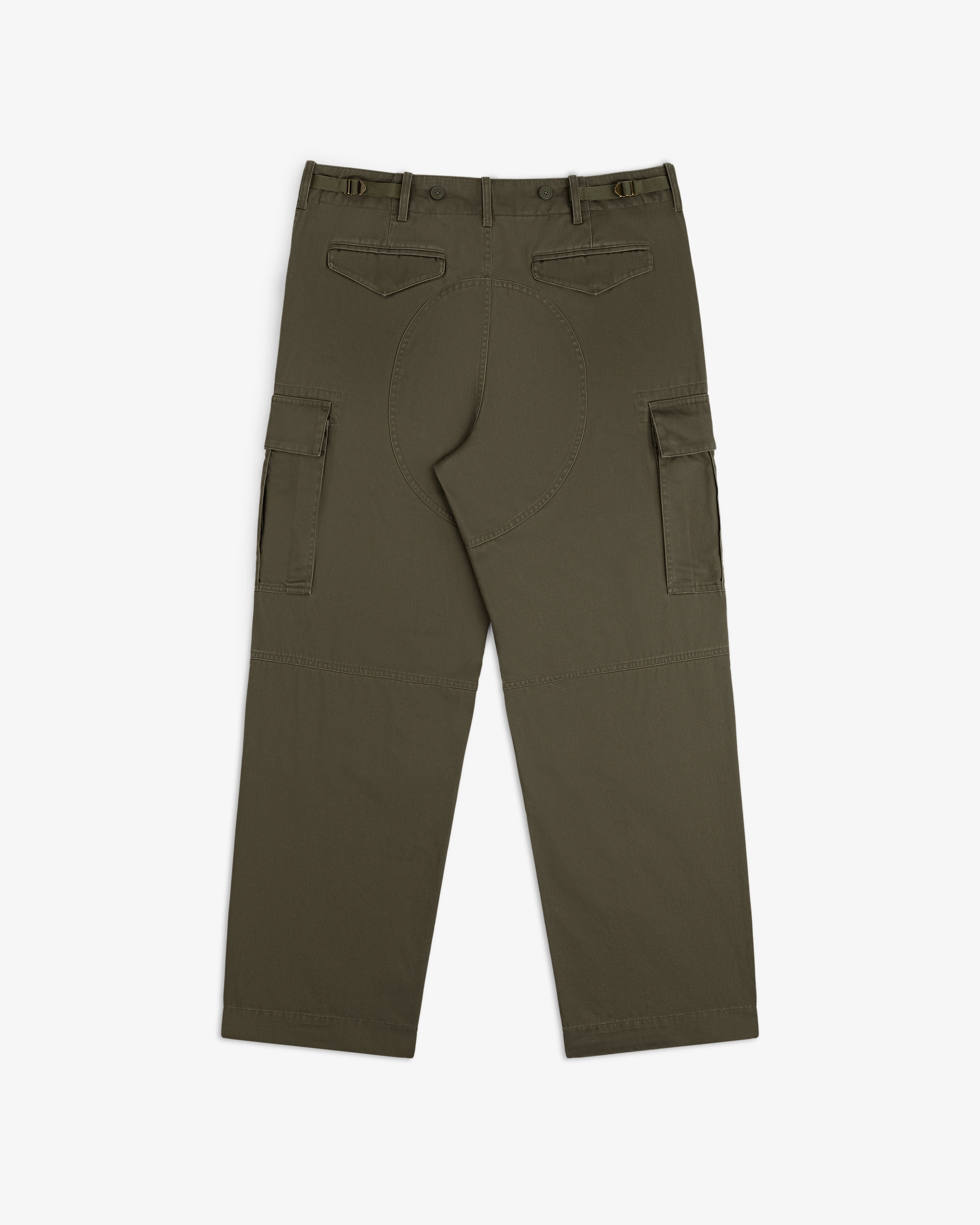 Fatigue Pant in olive green with flap pockets, belt loops, and reinforced seat, shown flat from the back.