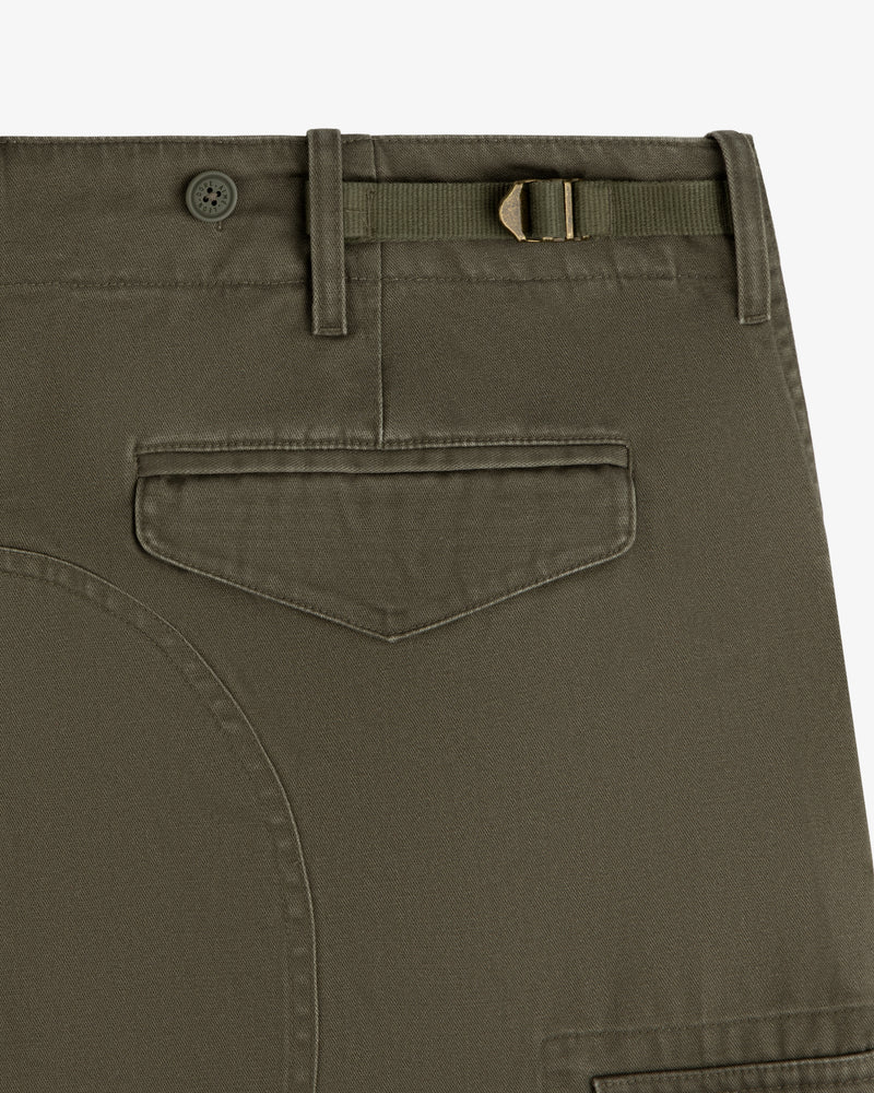Close-up of Fatigue Pant in olive green with buttoned belt loop, side tab, and flap back pocket.