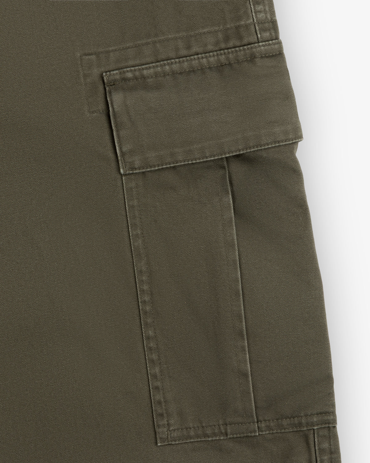 Close-up of a Fatigue Pant’s olive green cargo pocket with flap.