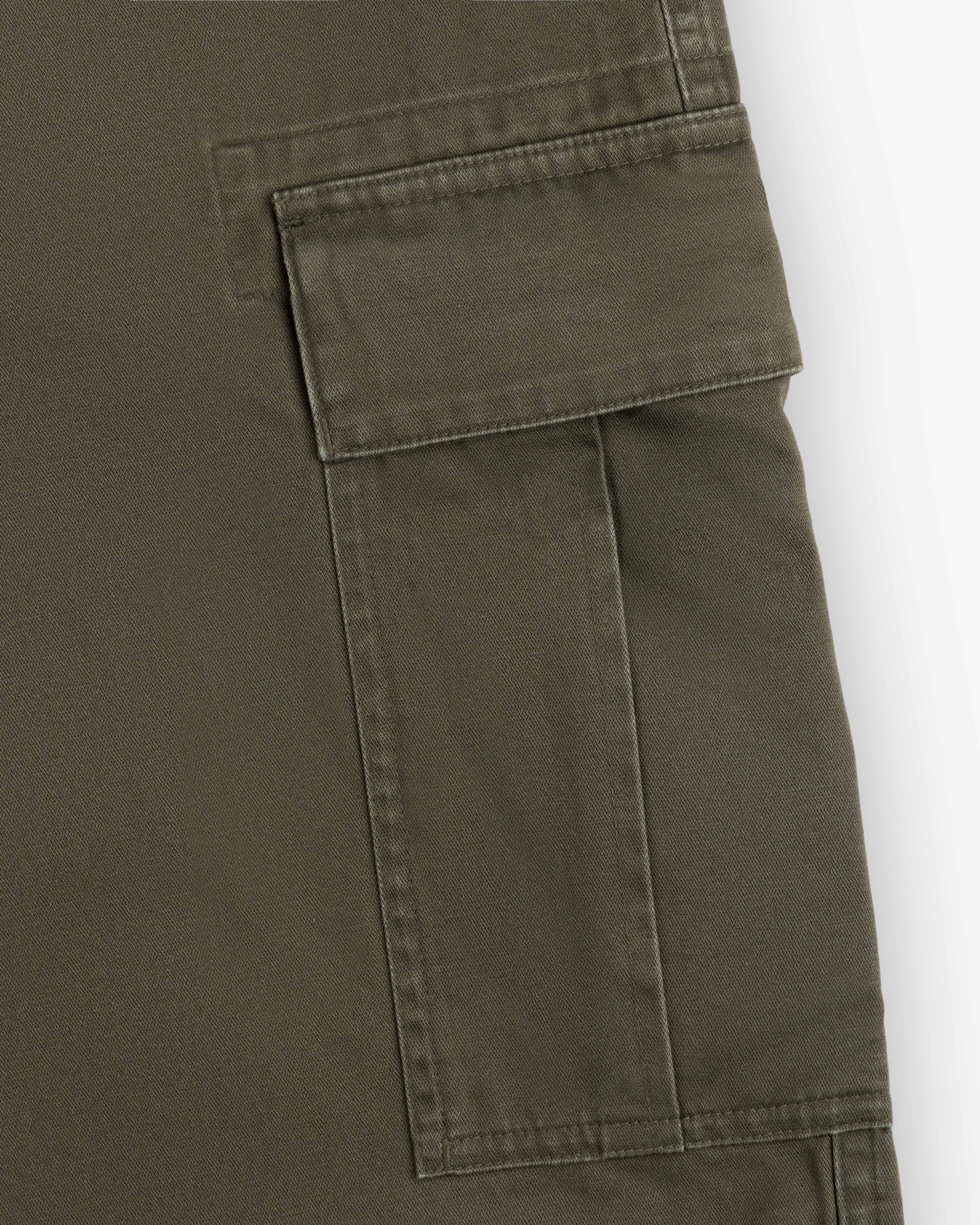 Close-up of a Fatigue Pant’s olive green cargo pocket with flap.