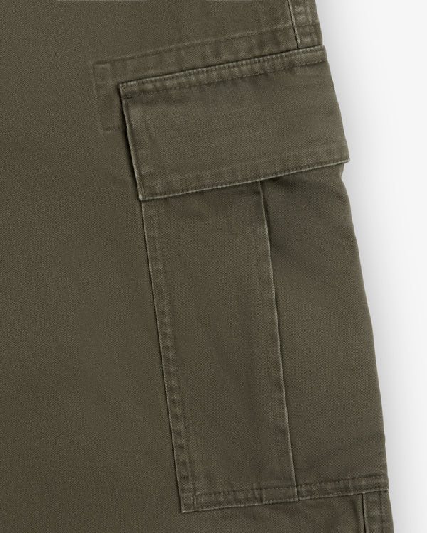 Close-up of a Fatigue Pant’s olive green cargo pocket with flap.