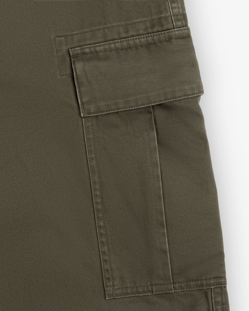 Close-up of a Fatigue Pant’s olive green cargo pocket with flap.