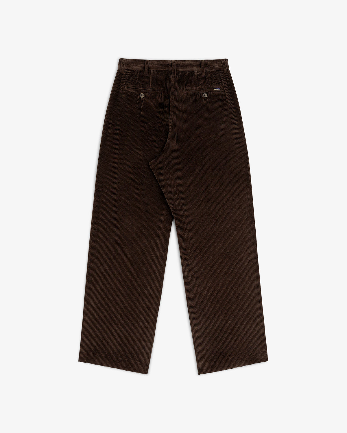 Back view of dark brown Corduroy Trouser with two buttoned welt pockets.