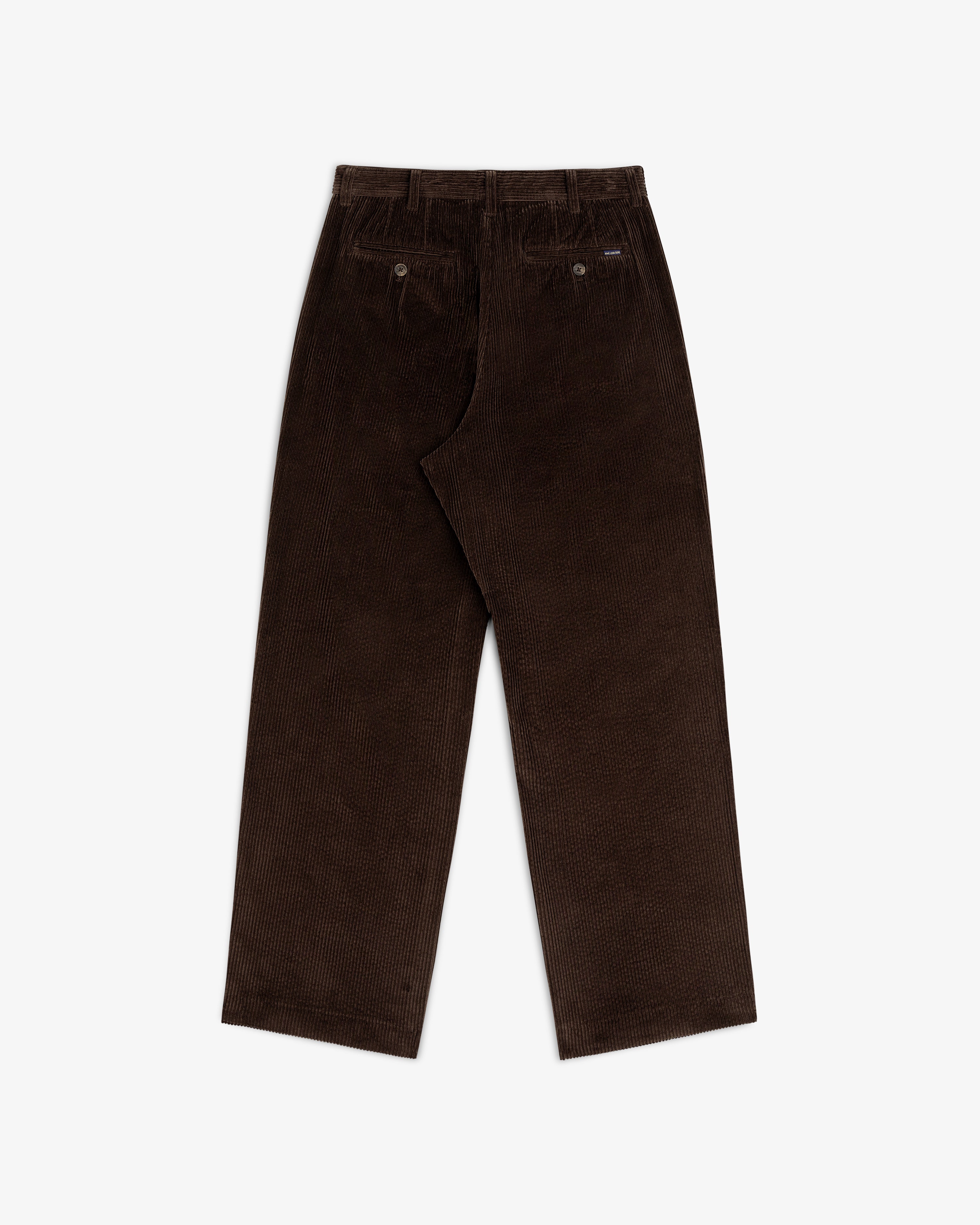 Back view of dark brown Corduroy Trouser with two buttoned welt pockets.