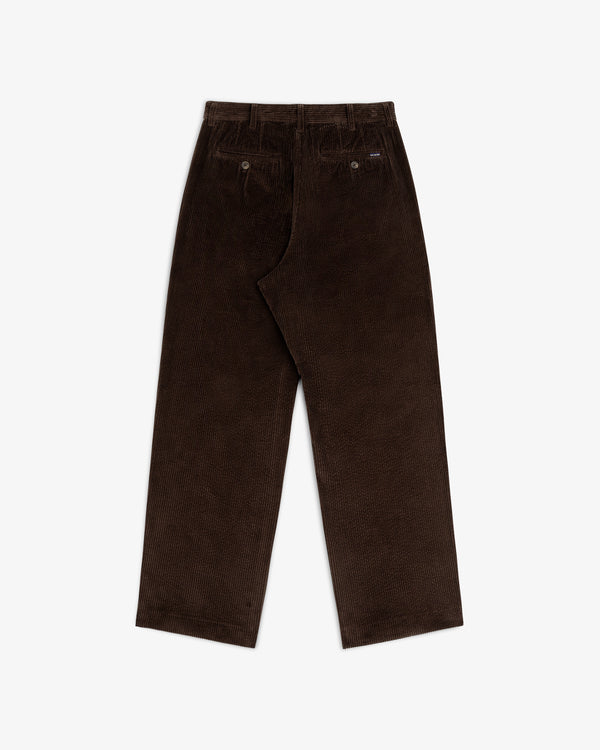Back view of dark brown Corduroy Trouser with two buttoned welt pockets.