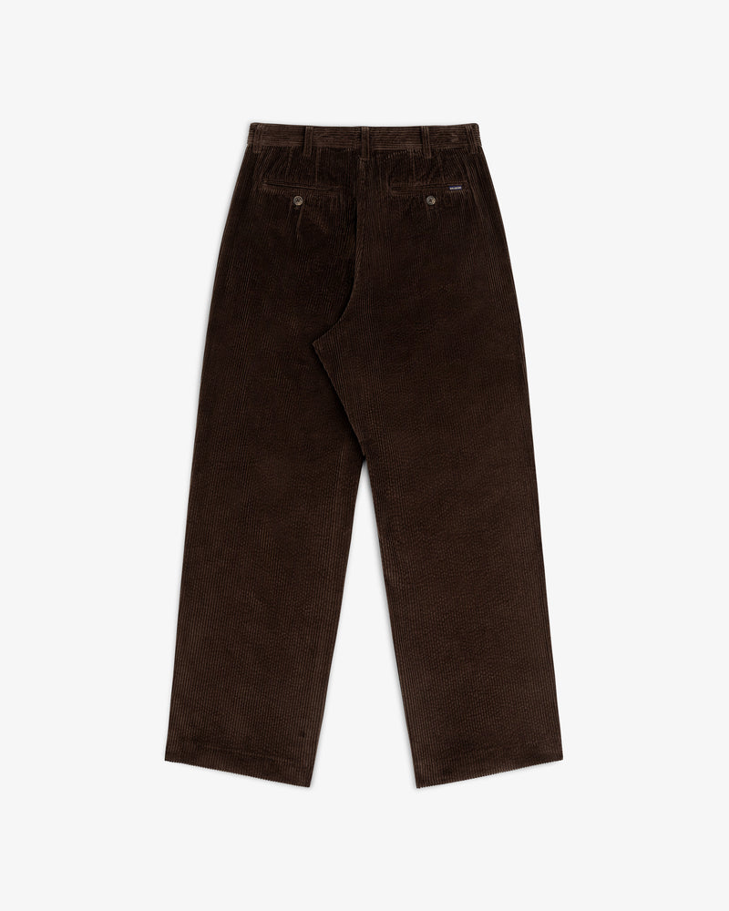 Back view of dark brown Corduroy Trouser with two buttoned welt pockets.