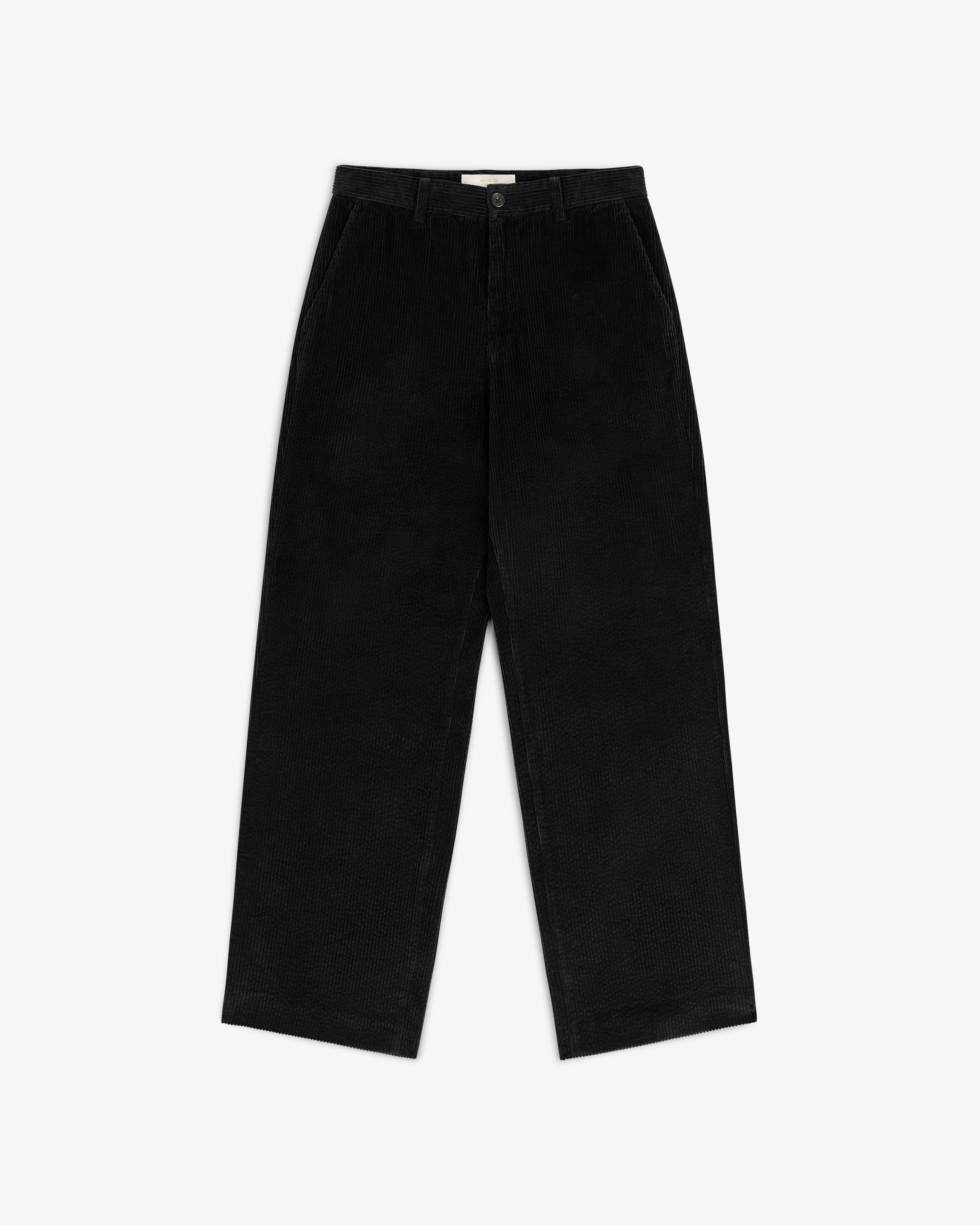 Black Corduroy Trouser with a straight-leg fit, a button closure, and side pockets.