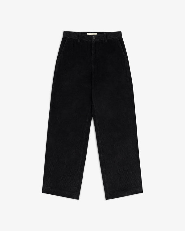 Black Corduroy Trouser with a straight-leg fit, a button closure, and side pockets.