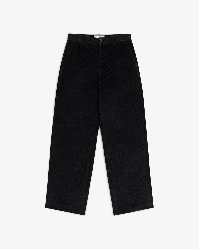 Black Corduroy Trouser with a straight-leg fit, a button closure, and side pockets.