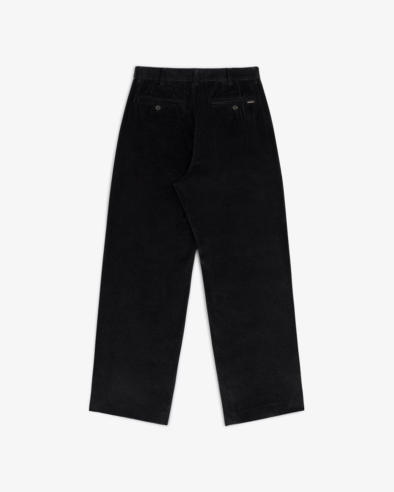 Back view of black Corduroy Trouser with two buttoned welt pockets.