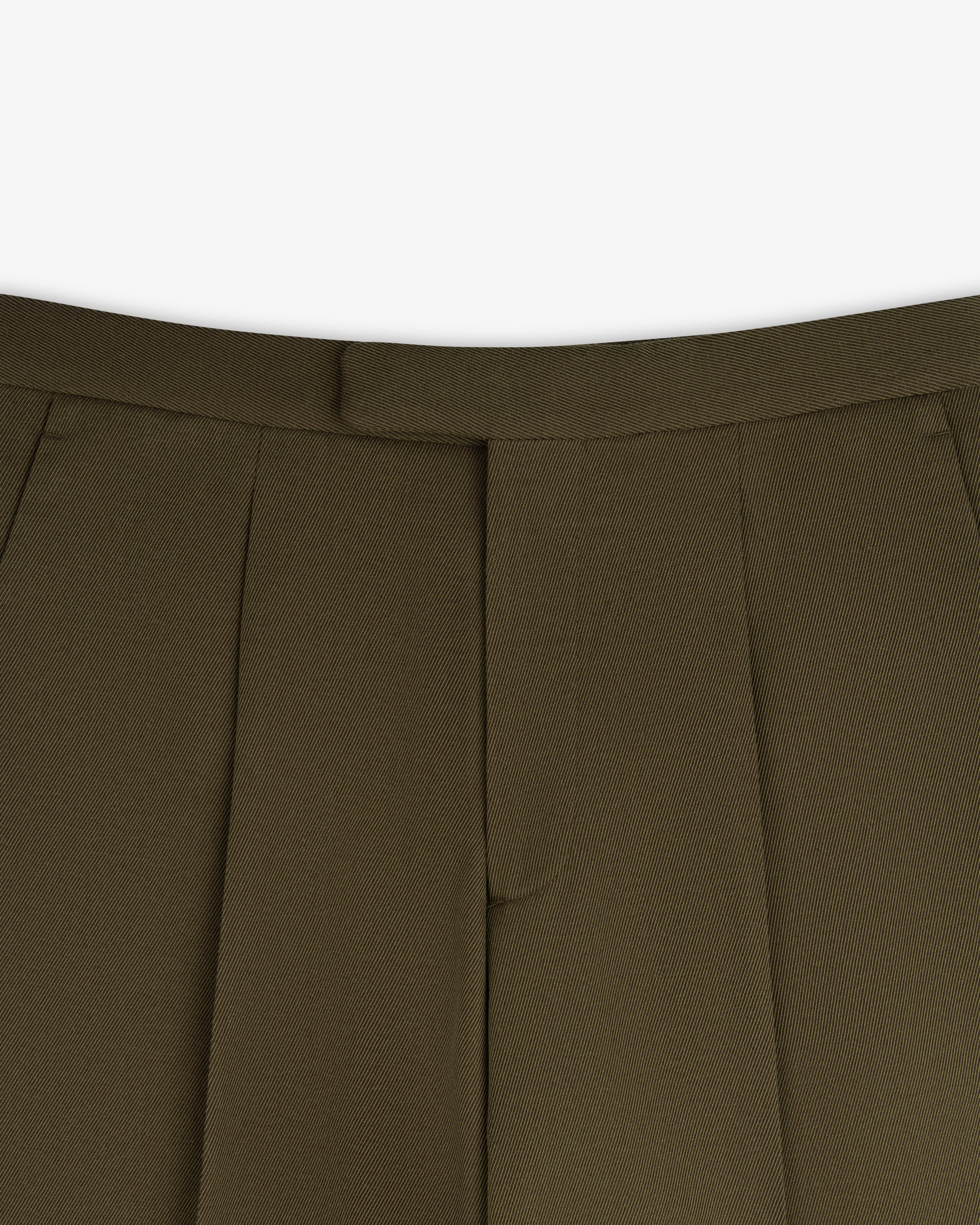 Olive green Wool Blend Suit Trouser with a waistband, pleats, and a fly front.