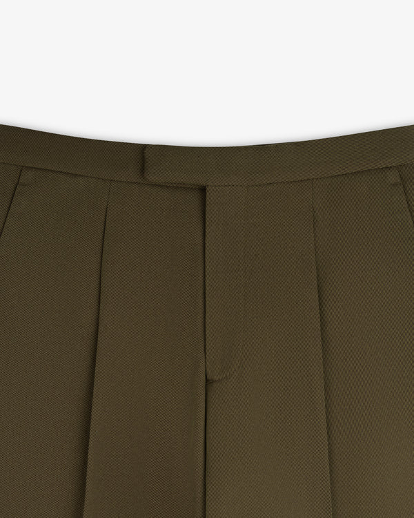 Olive green Wool Blend Suit Trouser with a waistband, pleats, and a fly front.