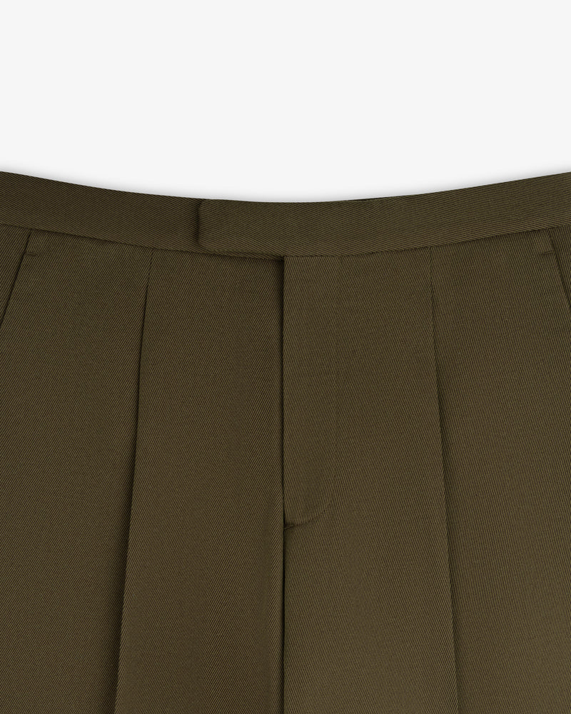 Olive green Wool Blend Suit Trouser with a waistband, pleats, and a fly front.