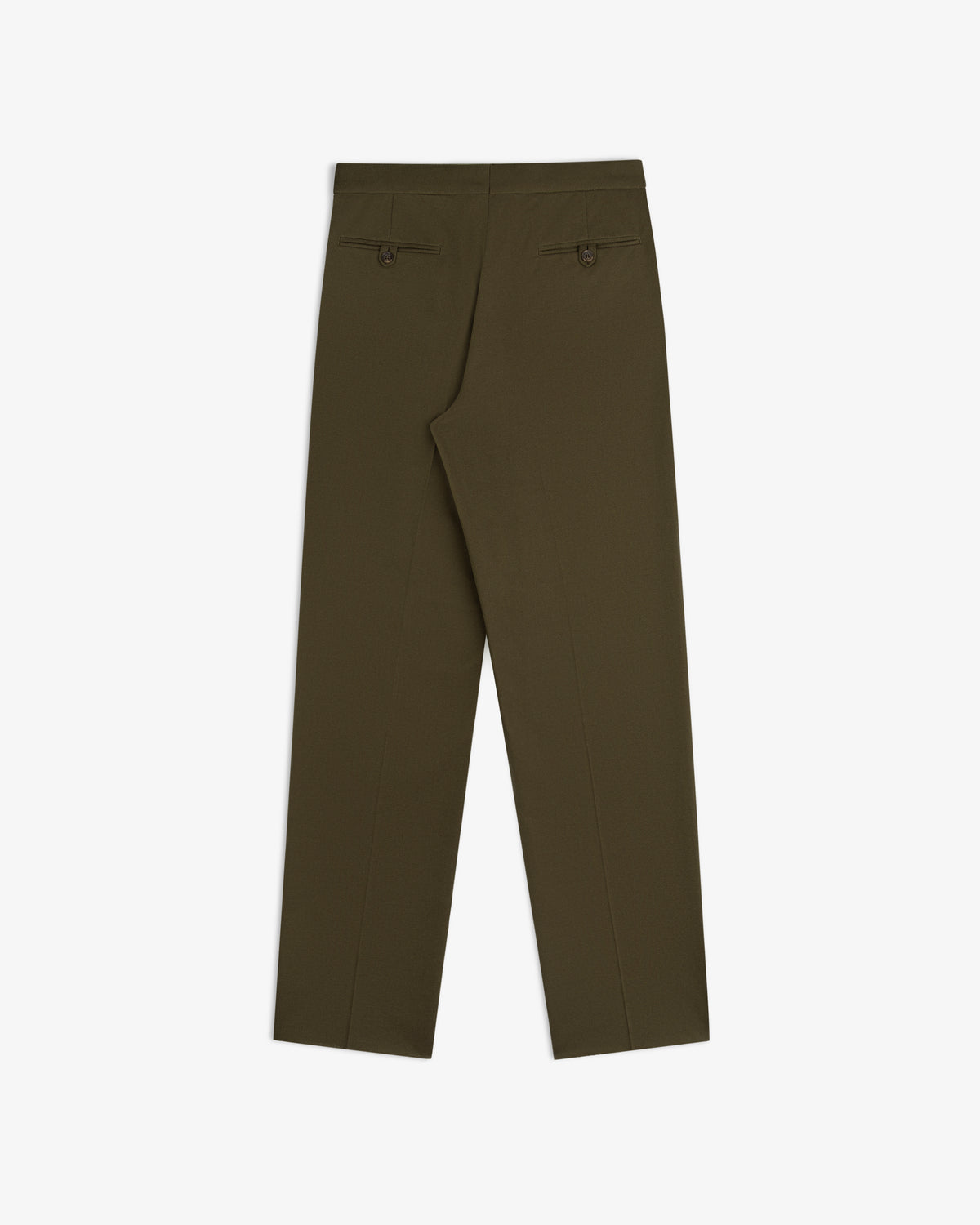 Back view of olive green Wool Blend Suit Trouser featuring two buttoned welt pockets.