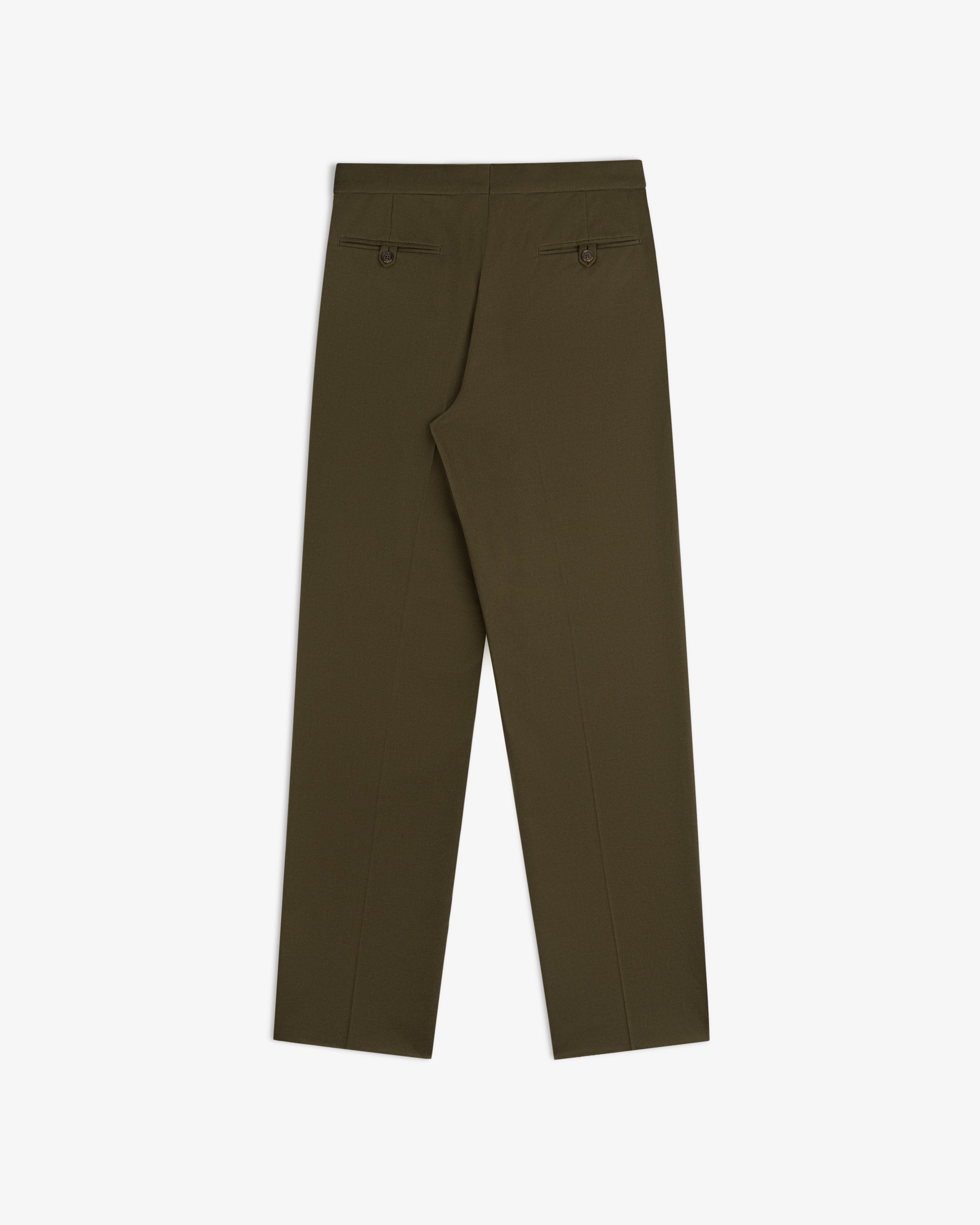 Back view of olive green Wool Blend Suit Trouser featuring two buttoned welt pockets.