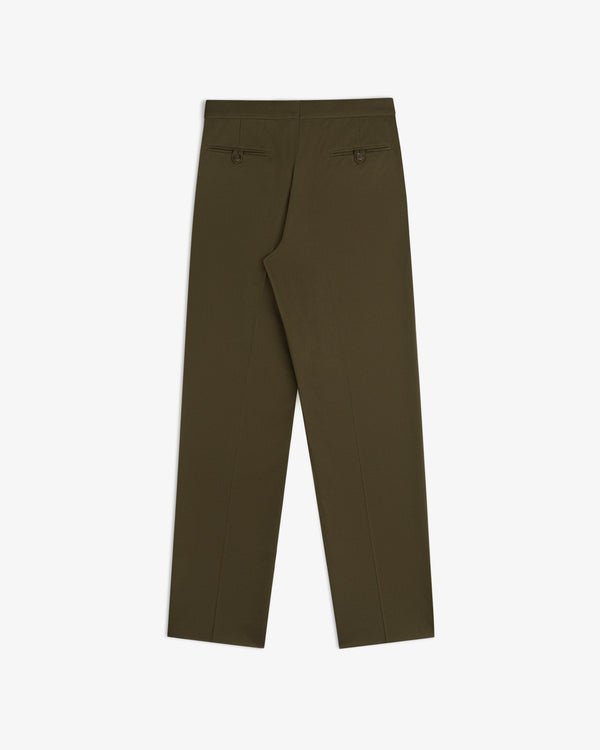 Back view of olive green Wool Blend Suit Trouser featuring two buttoned welt pockets.