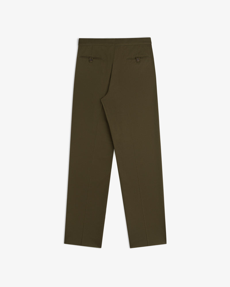 Back view of olive green Wool Blend Suit Trouser featuring two buttoned welt pockets.
