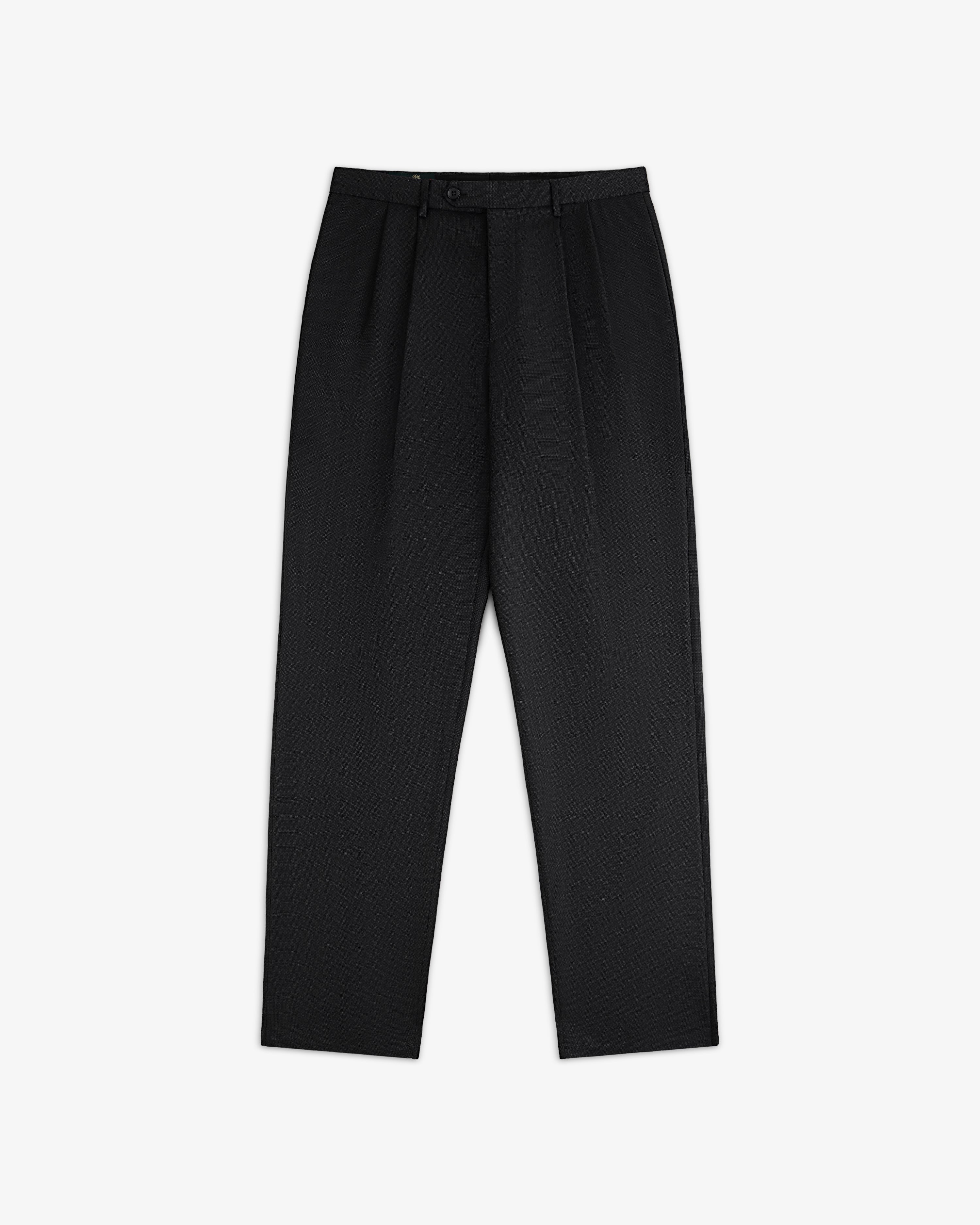 Double Pleated Wool Jacquard Suit Trousers in black with a double-pleated front and a buttoned waist.