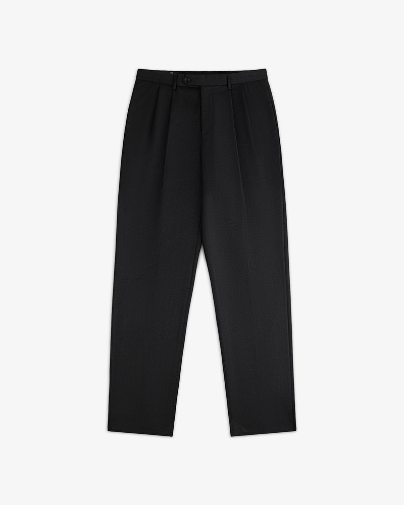 Double Pleated Wool Jacquard Suit Trousers in black with a double-pleated front and a buttoned waist.
