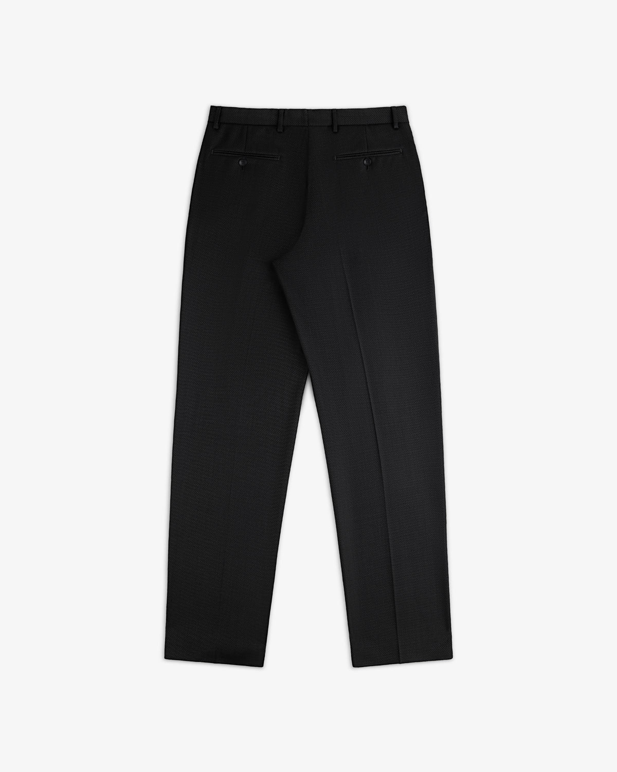 Back view of Double Pleated Wool Jacquard Suit Trousers featuring two buttoned pockets and a waistband with belt loops.