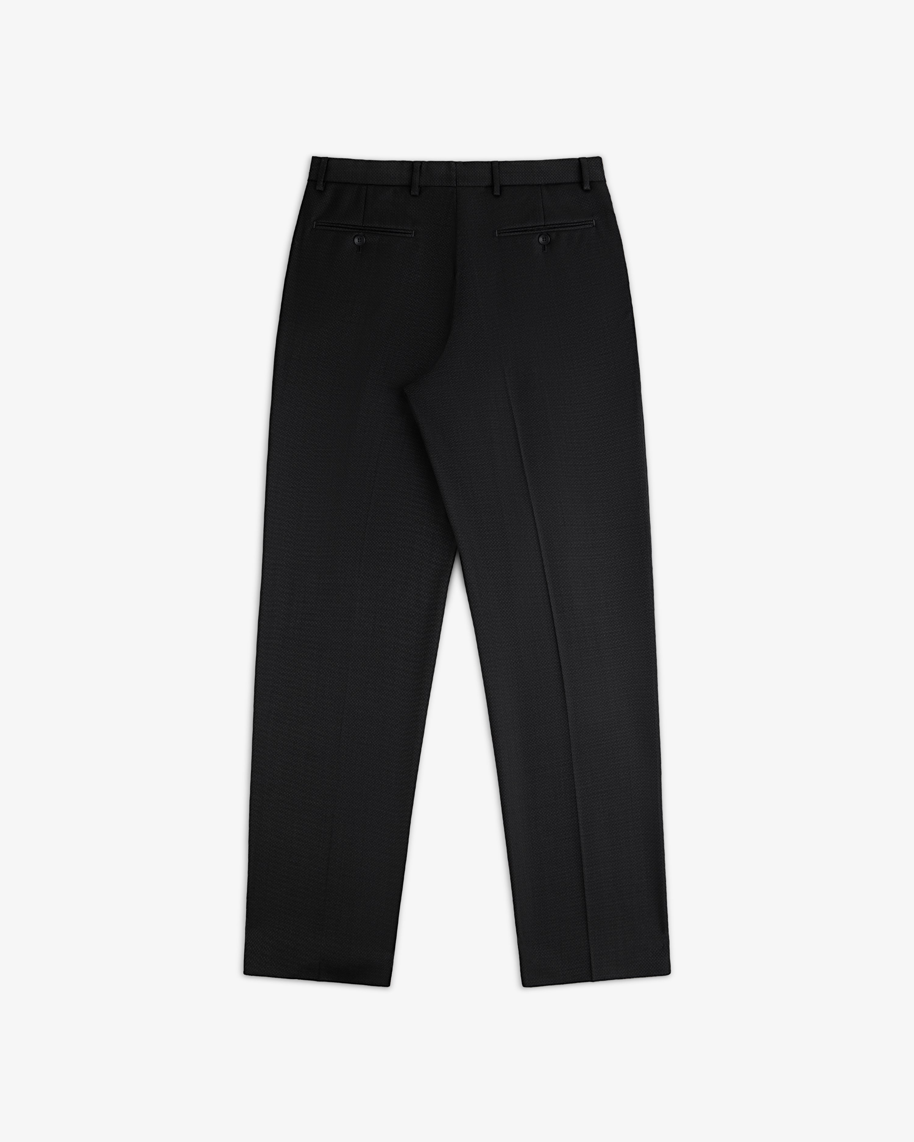 Back view of Double Pleated Wool Jacquard Suit Trousers featuring two buttoned pockets and a waistband with belt loops.