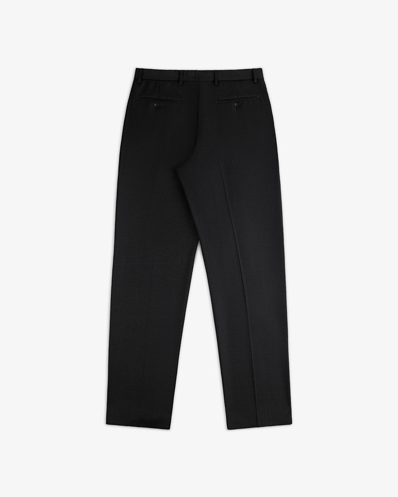 Back view of Double Pleated Wool Jacquard Suit Trousers featuring two buttoned pockets and a waistband with belt loops.
