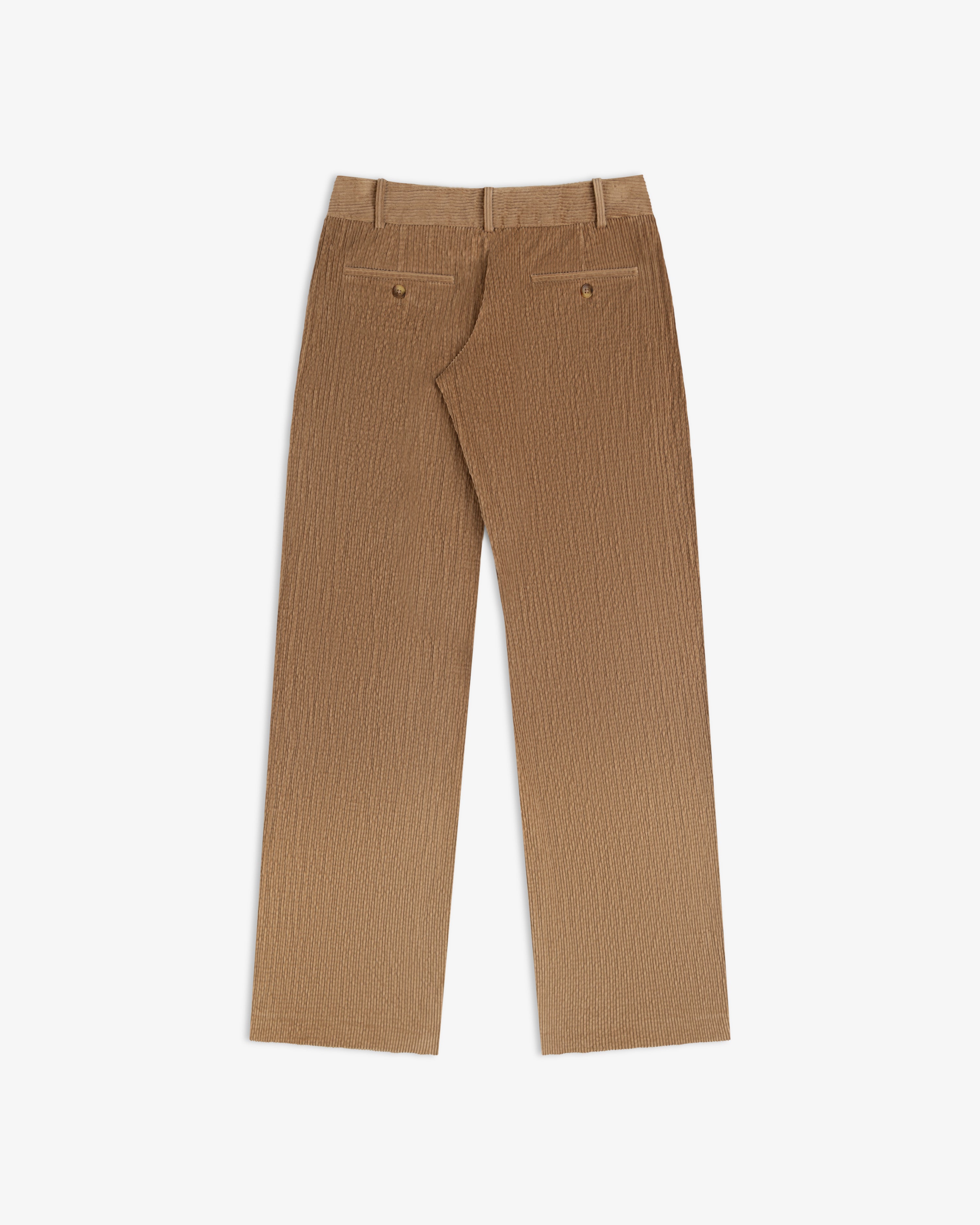 Back view of tan Double Pleated Corduroy Trouser with two buttoned welt pockets.