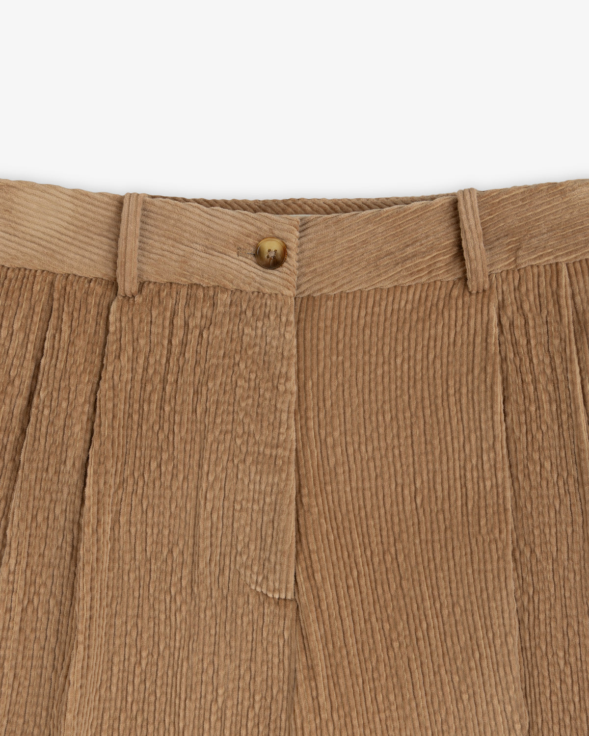 Double Pleated Corduroy Trouser in tan with a front button closure and double pleats.