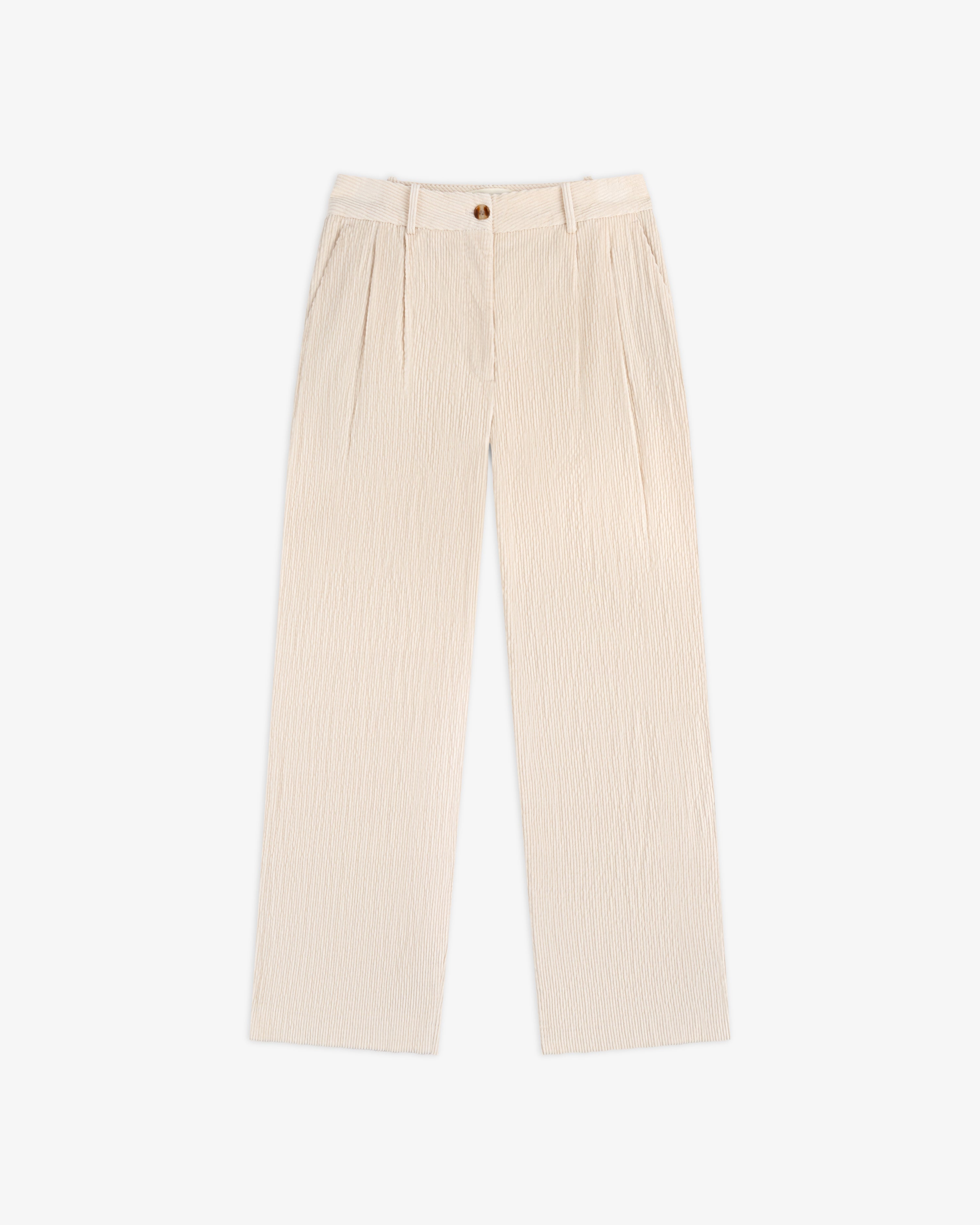 Light beige Double Pleated Corduroy Trousers with a wide-leg fit, front pleats, side pockets, and a button closure.