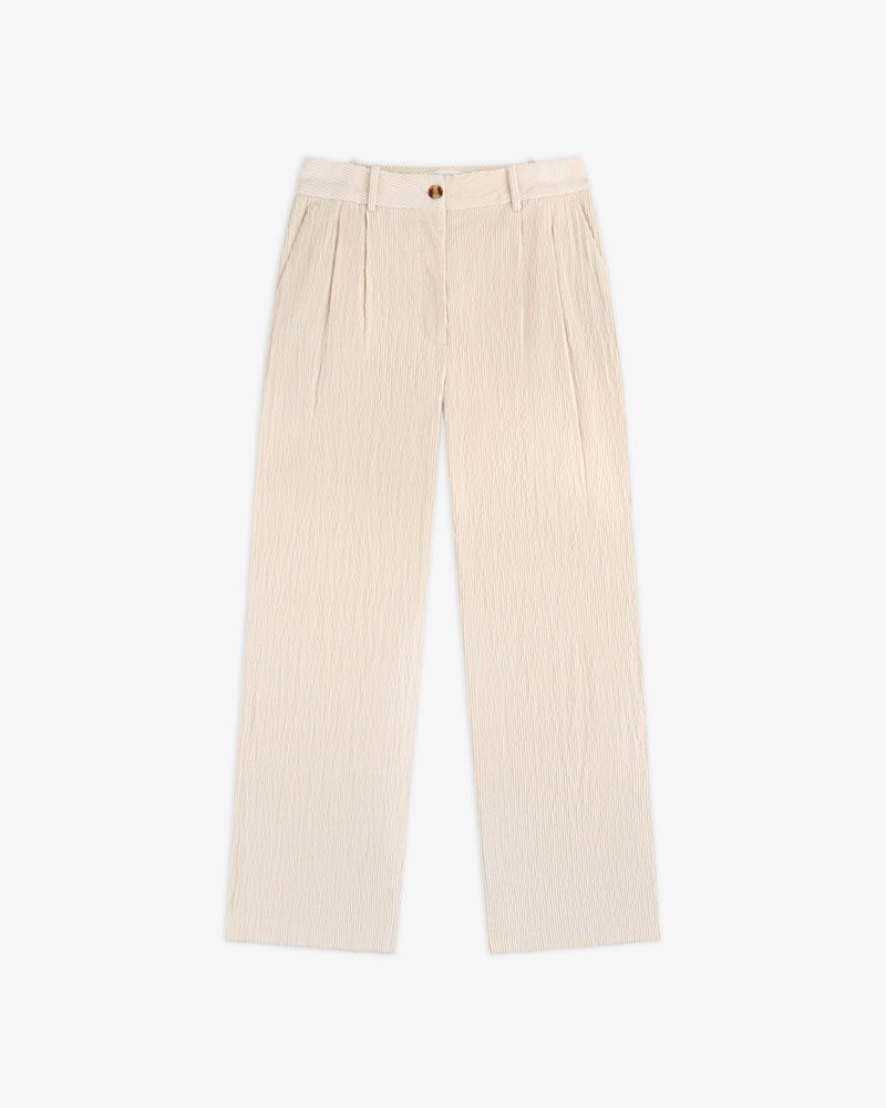 Light beige Double Pleated Corduroy Trousers with a wide-leg fit, front pleats, side pockets, and a button closure.