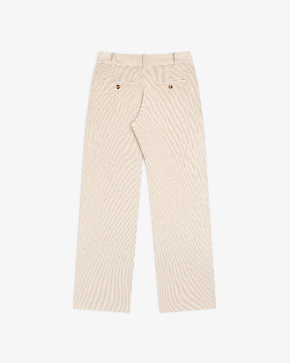 Beige Double Pleated Corduroy Trousers with two back pockets and button closures.