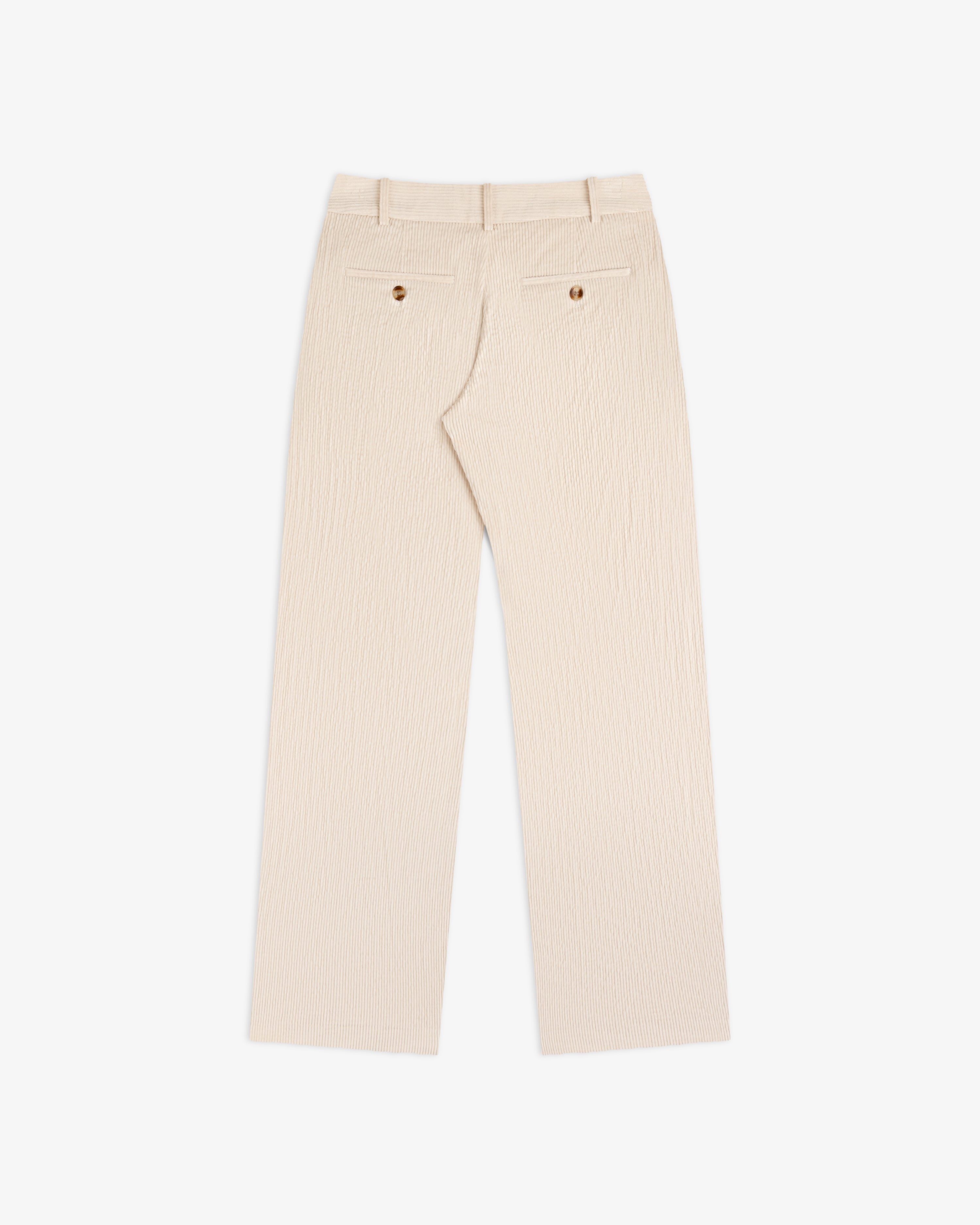 Beige Double Pleated Corduroy Trousers with two back pockets and button closures.