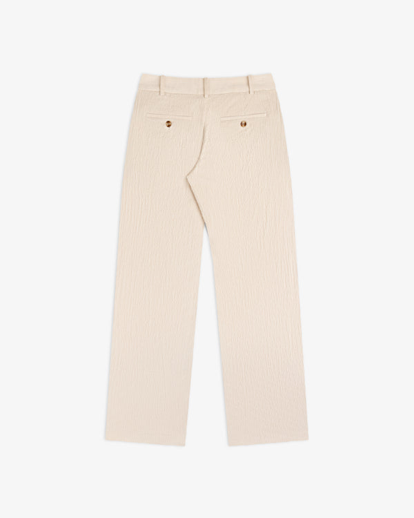 Beige Double Pleated Corduroy Trousers with two back pockets and button closures.