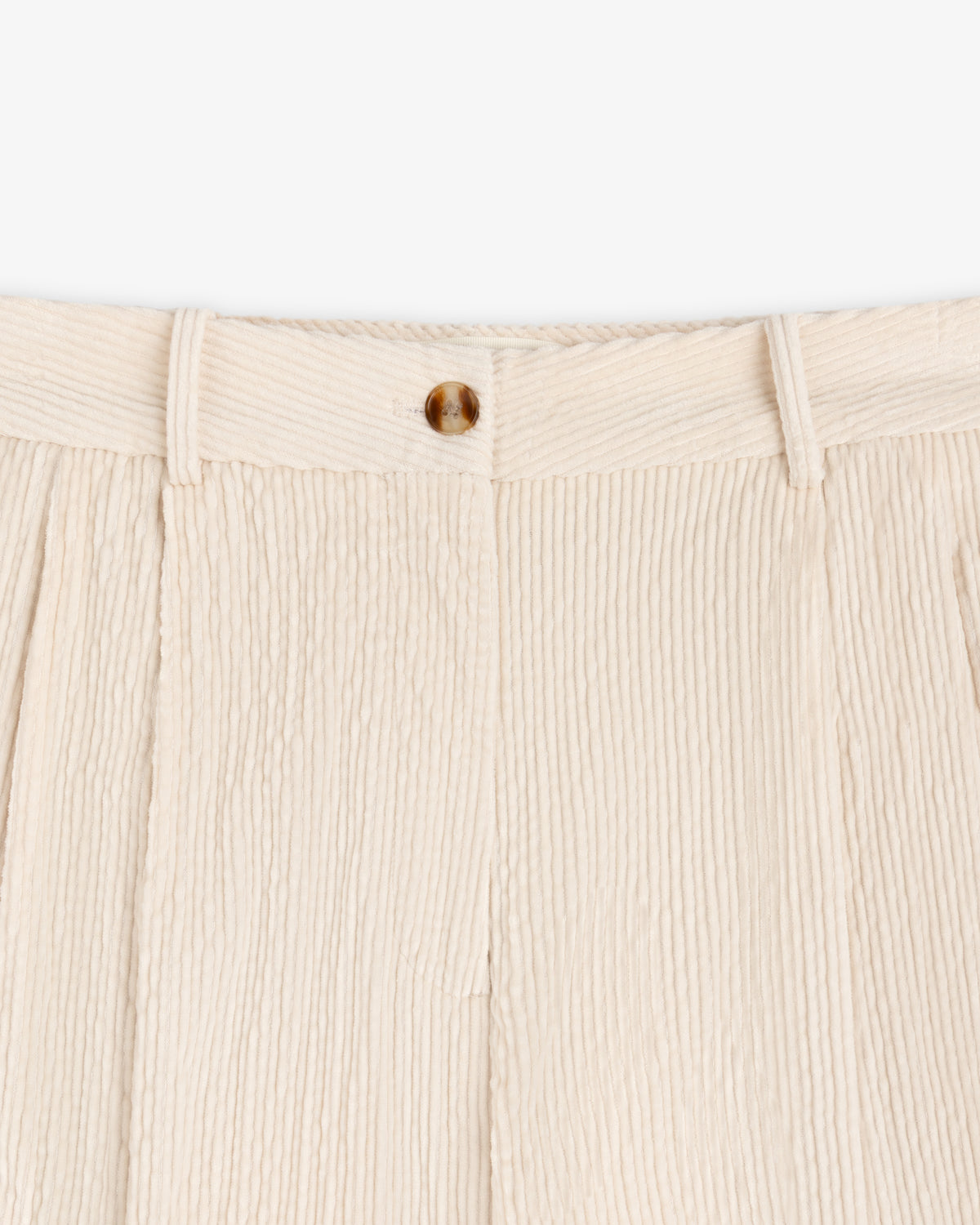 Off-white Double Pleated Corduroy Trousers with a single button closure at the waist.
