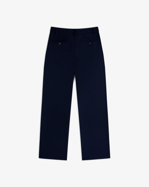 Dark navy Mani Embroidered Wool Pant trousers featuring two back pockets and button closures.