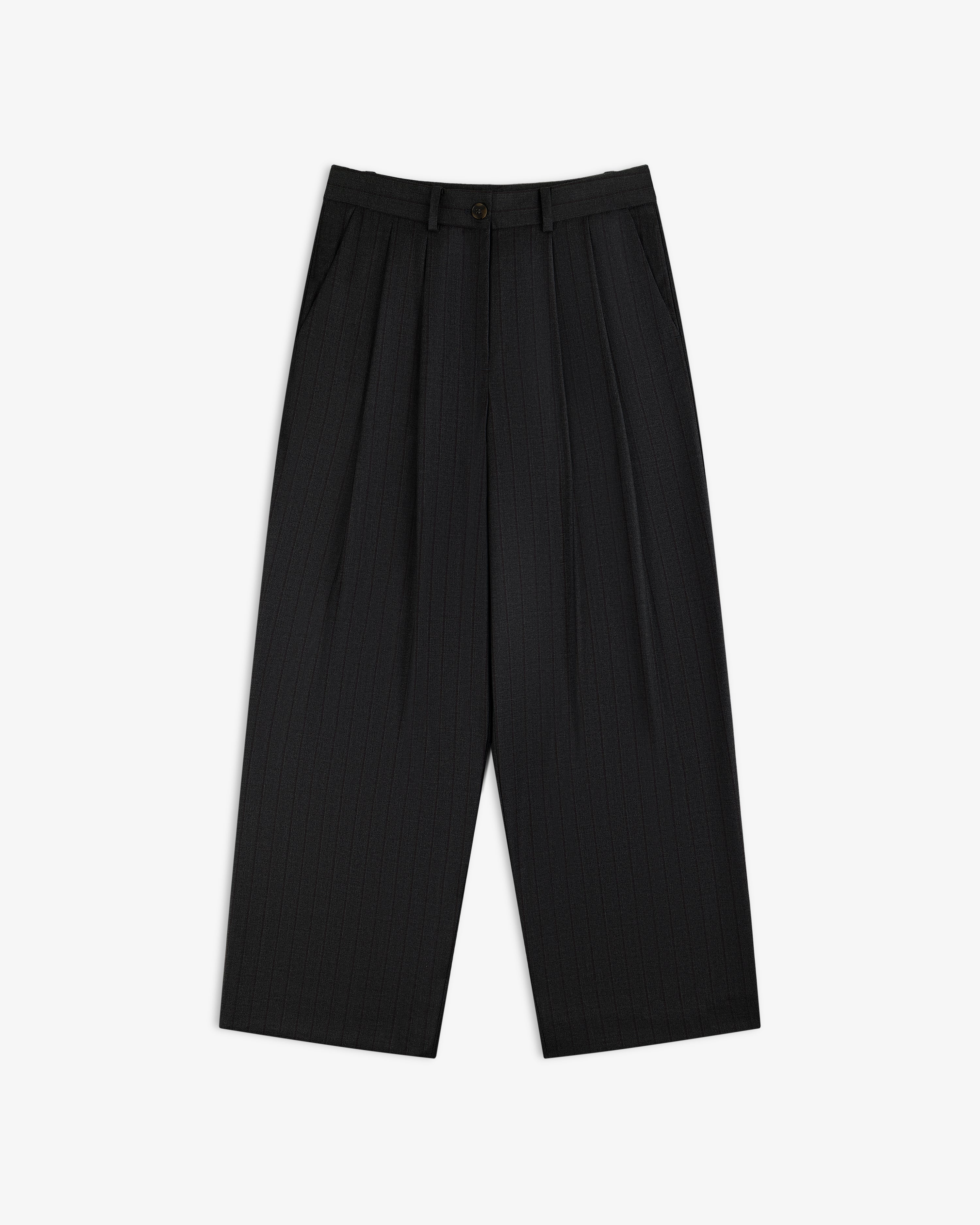 Striped Double Pleated Suiting Trouser in black pinstripe with double pleats and a button closure.