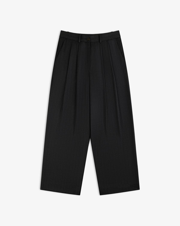 Striped Double Pleated Suiting Trouser in black pinstripe with double pleats and a button closure.