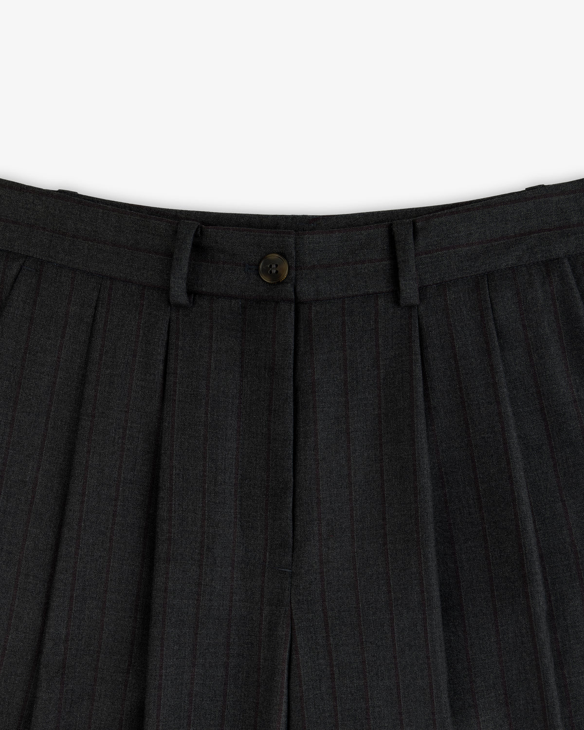 Striped Double Pleated Suiting Trouser in dark grey with double pleats, belt loops, and a single front button closure.