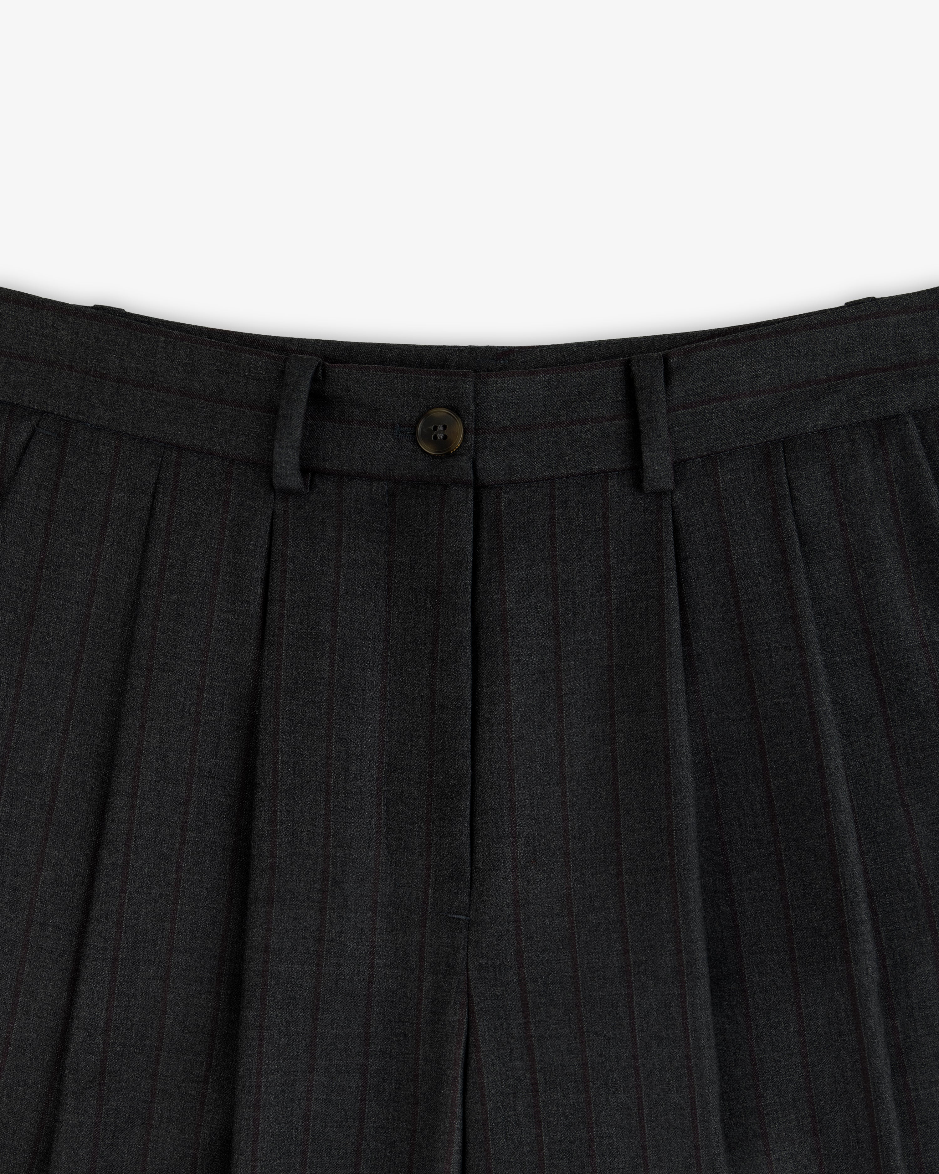 Striped Double Pleated Suiting Trouser in dark grey with double pleats, belt loops, and a single front button closure.