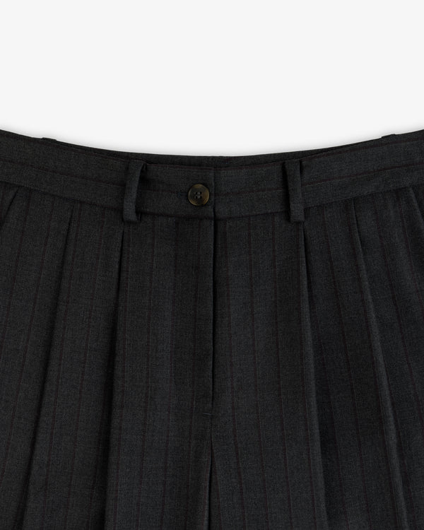 Striped Double Pleated Suiting Trouser in dark grey with double pleats, belt loops, and a single front button closure.