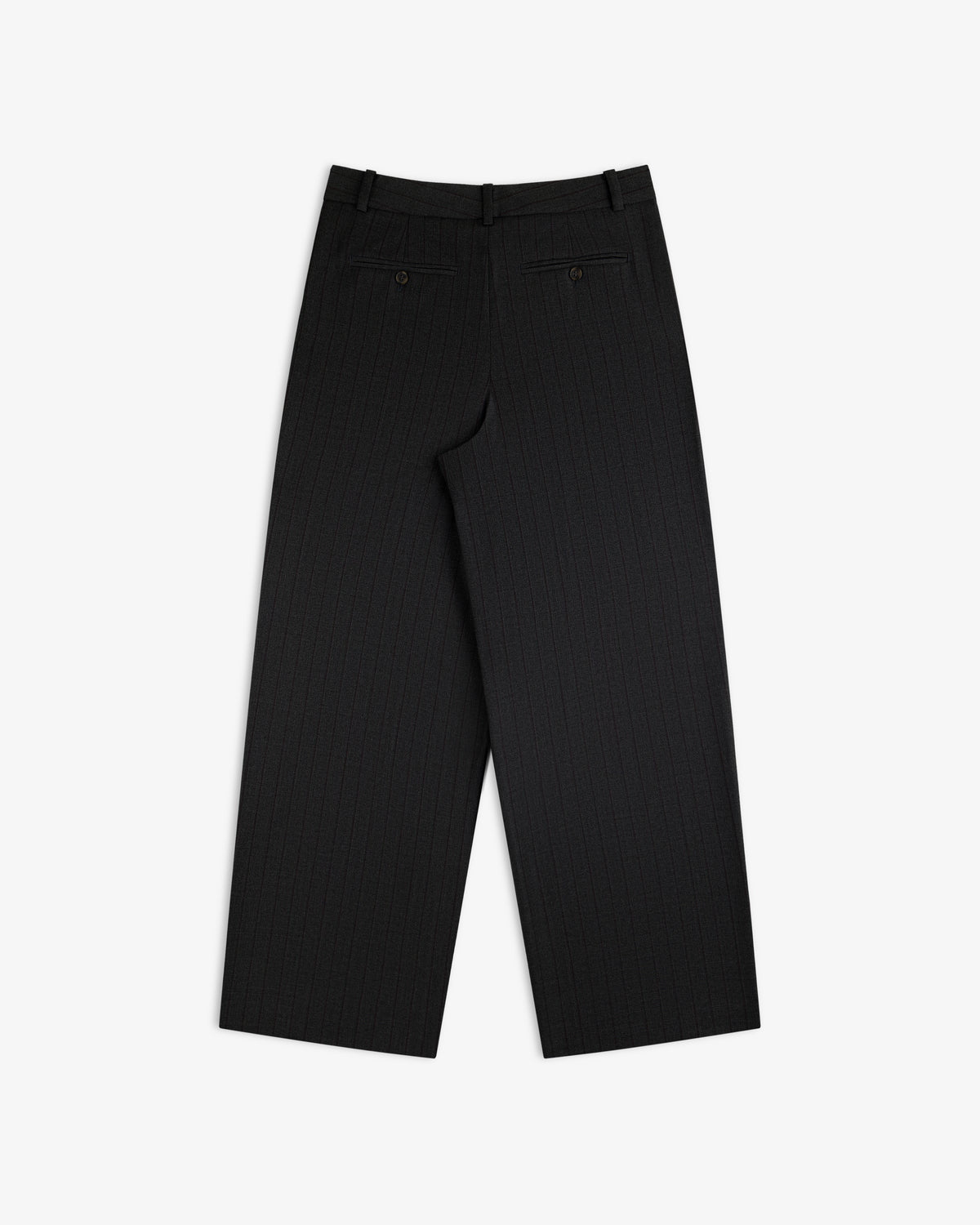 Back view of dark grey Striped Double Pleated Suiting Trouser with double back pockets.