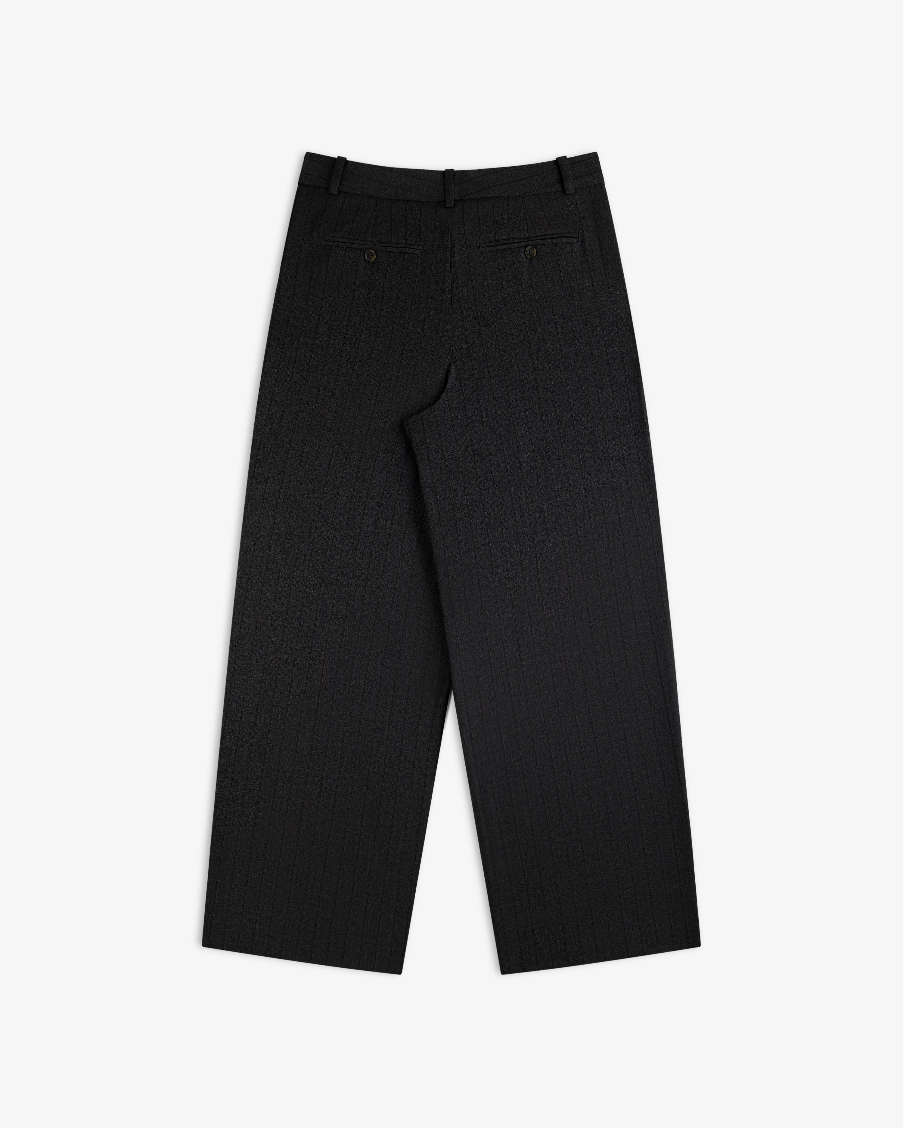 Back view of dark grey Striped Double Pleated Suiting Trouser with double back pockets.