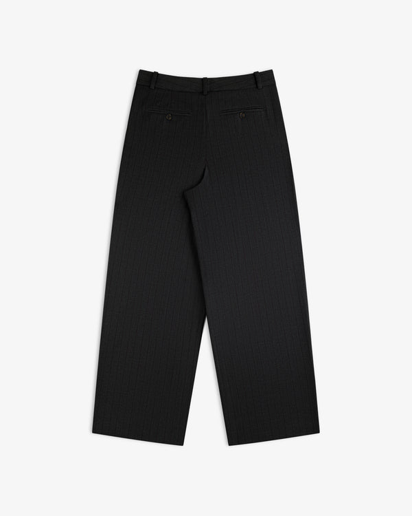 Back view of dark grey Striped Double Pleated Suiting Trouser with double back pockets.