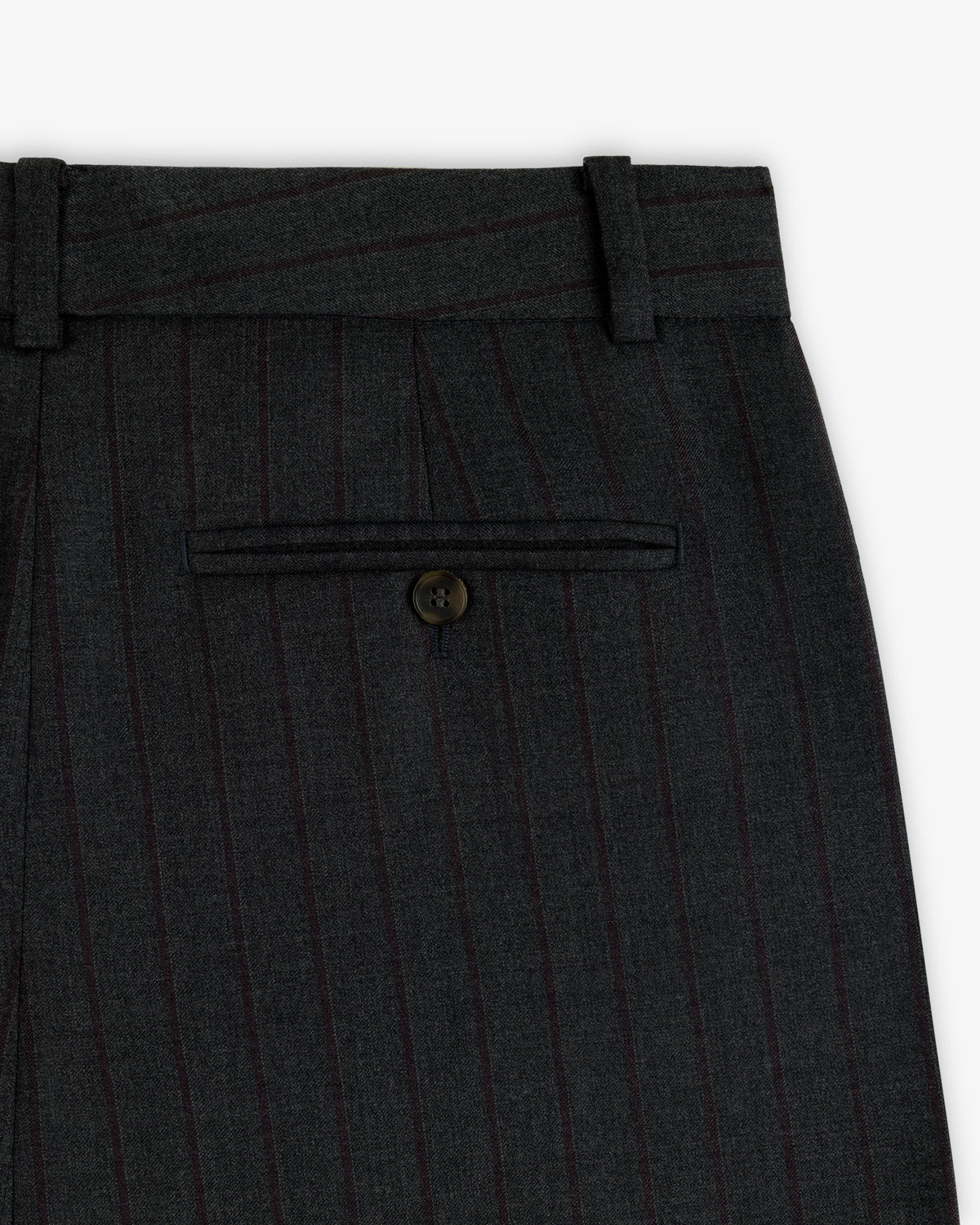 Striped Double Pleated Suiting Trouser in charcoal grey with pinstripes, a buttoned back welt pocket, and belt loops.