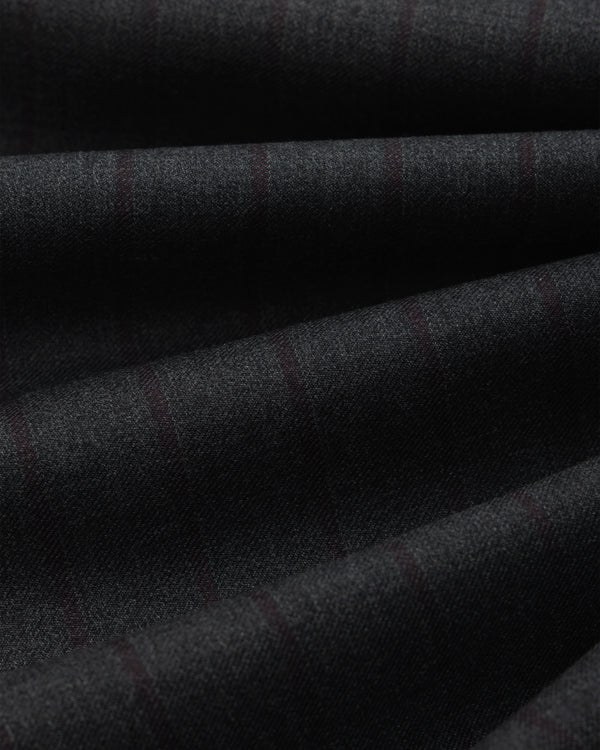 Close-up of dark grey Striped Double Pleated Suiting Trouser fabric, featuring subtle vertical pinstripes in ripples.