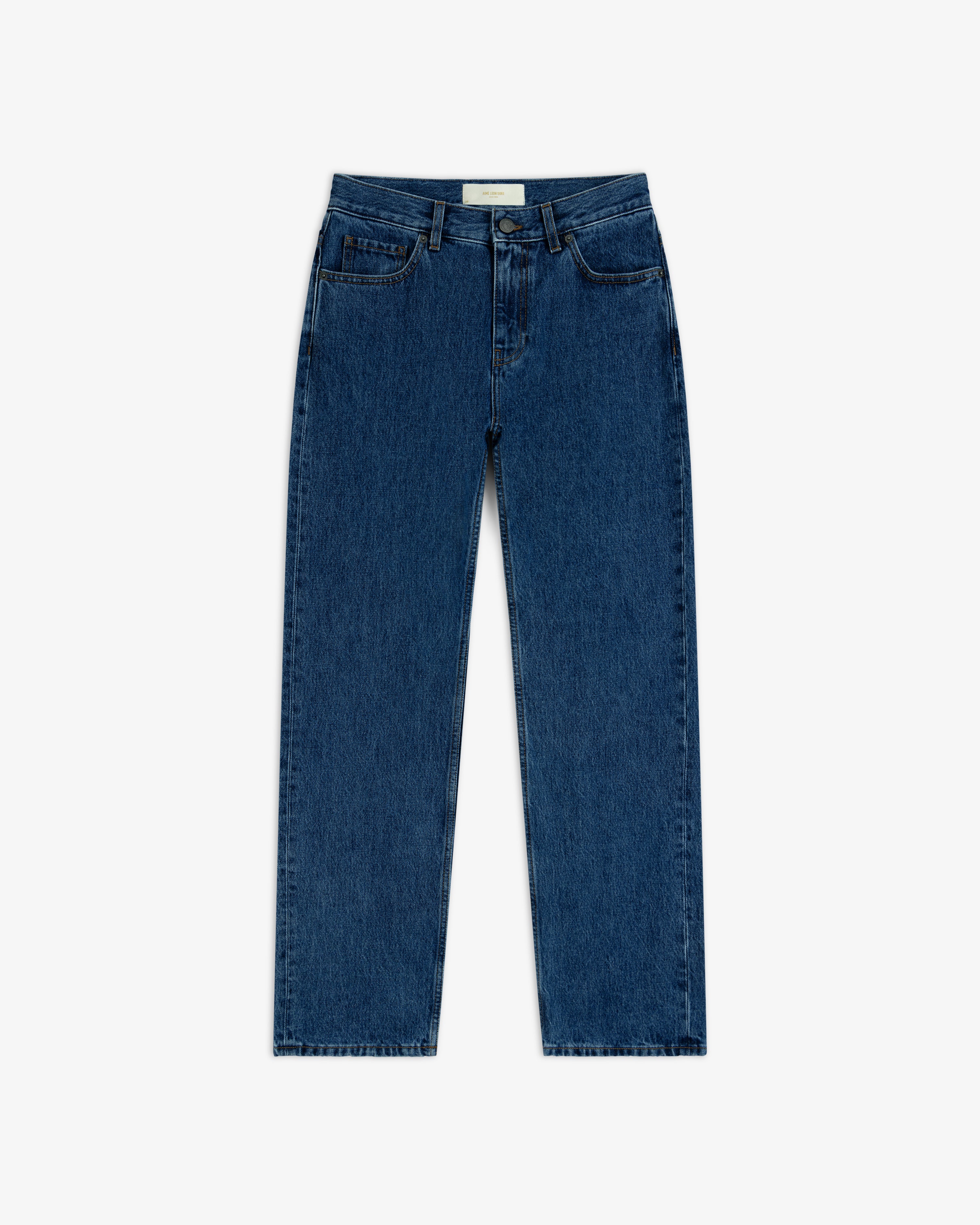 ALD Relaxed Fit Denim in a medium-wash blue, relaxed, straight-leg fit.